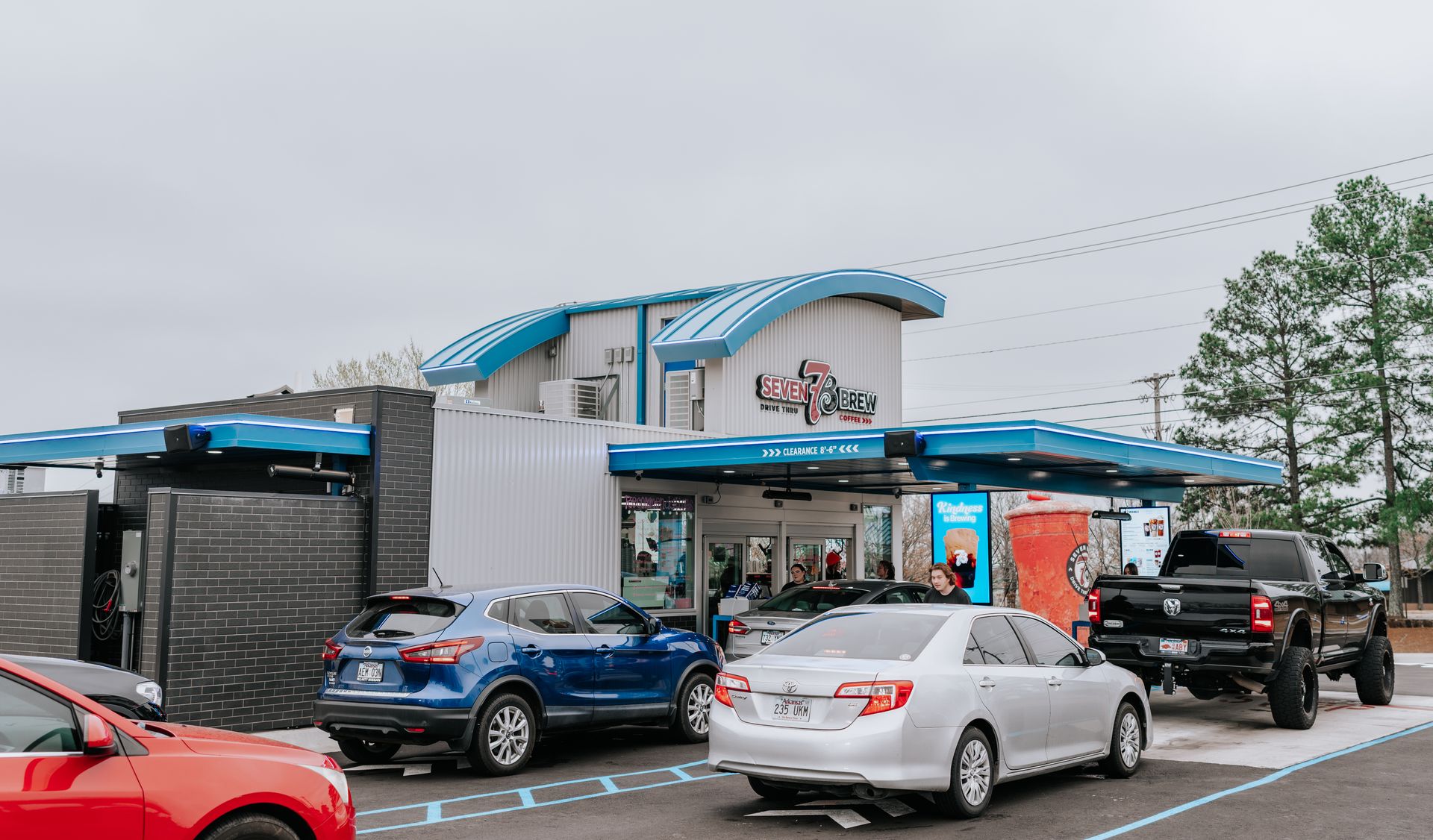 A finished 7 Brew drive-thru unit serving two lanes of cars