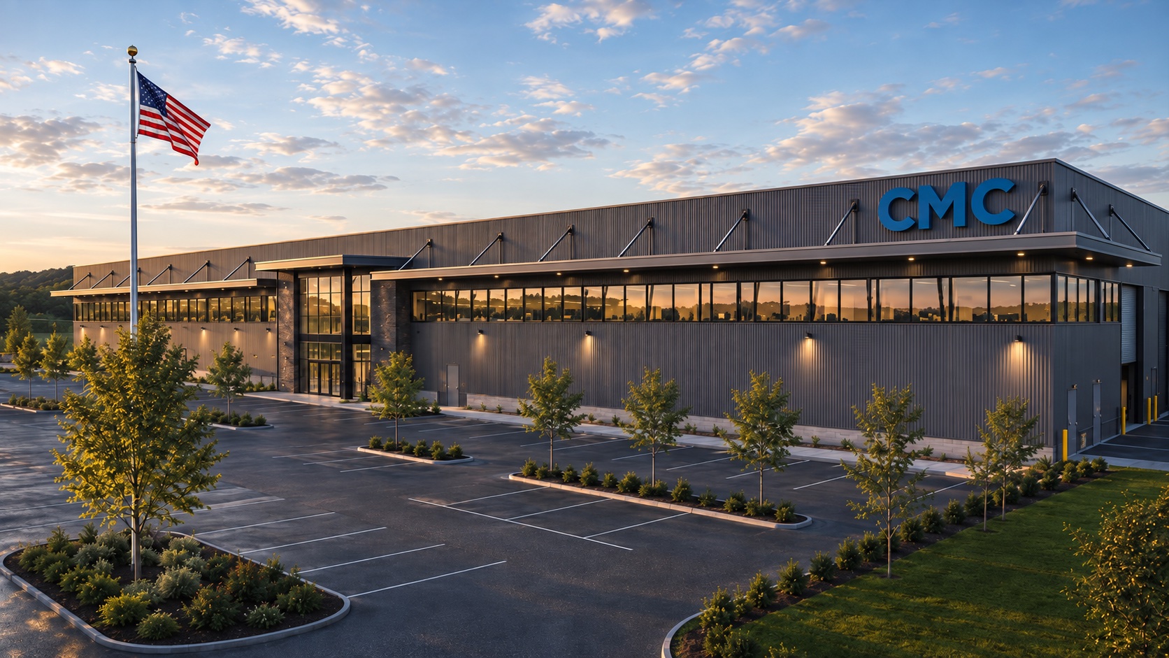CMC's campus in Springfield, Missouri — the dark metal-clad office and manufacturing building seen across the parking lot from the flagpole